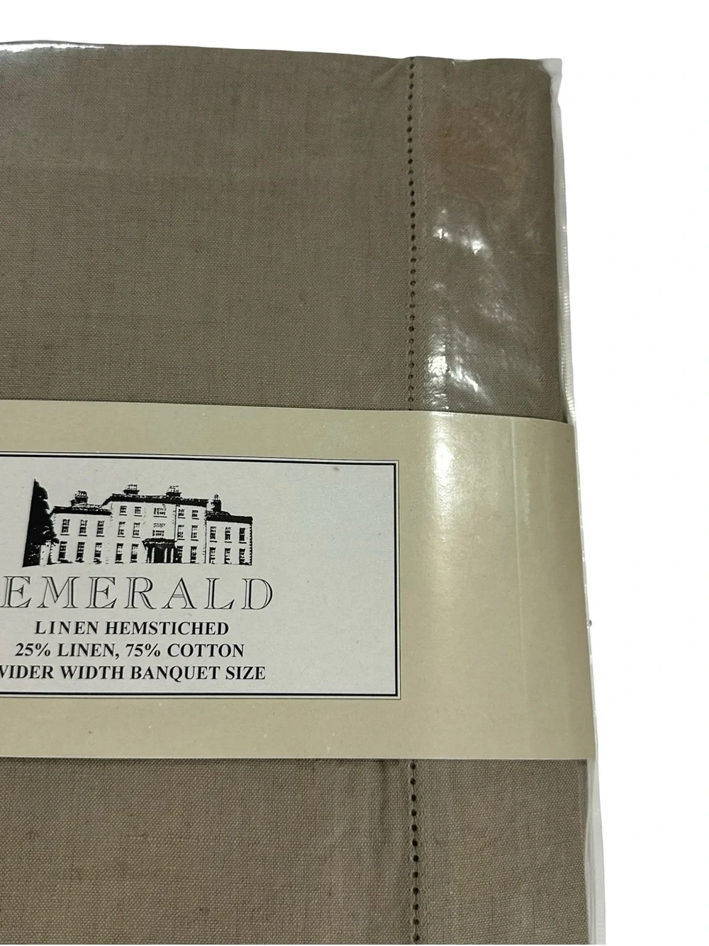 Emerald Linens Taupe Hemstitched Linen Cotton Tablecloth 70x90 Banquet Size NIP